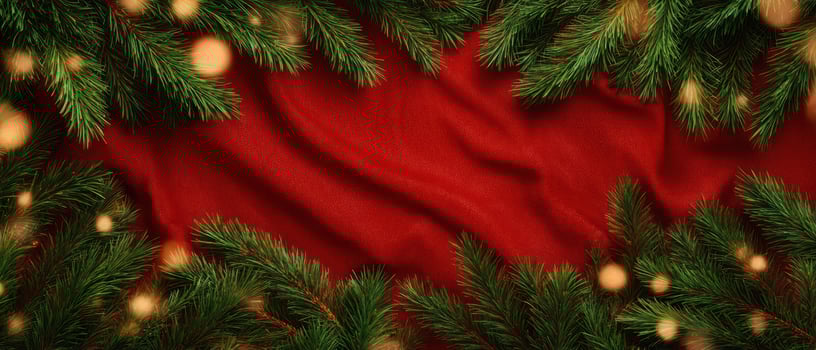 The vibrant Christmas backdrop featuring rich red fabric and lush green pine branches. photo