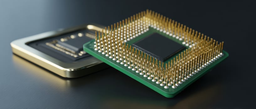 The Microprocessor with Gold Pins and High-Tech Circuitry on Elegant Surface photo