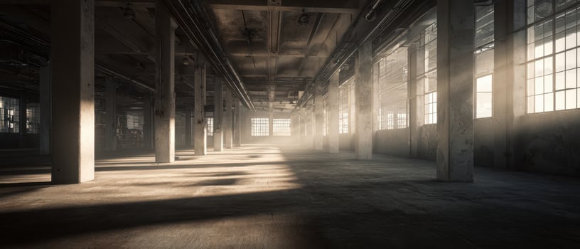 The abandoned warehouse illuminated by soft beams of light and shadow. photo