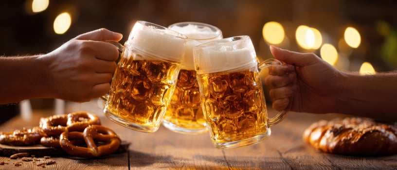 The joyful clinking of beer mugs in a festive celebration atmosphere photo