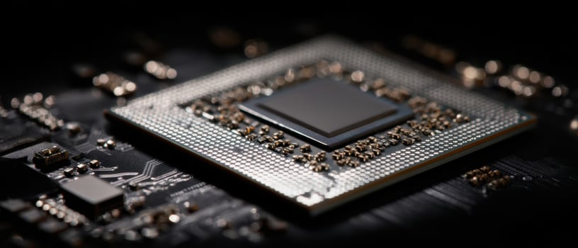 The intricate design of a microchip on a sleek motherboard surface. photo