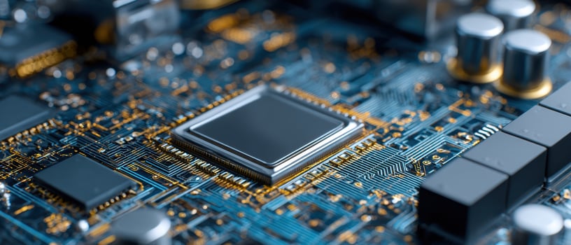The intricate design of a modern motherboard with detailed microchips. photo