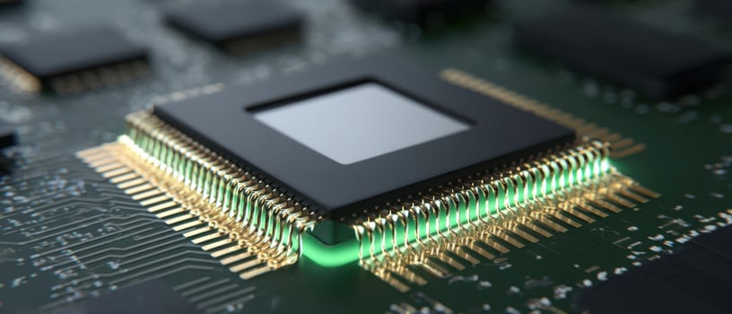 The intricate design of a modern microchip on a circuit board photo