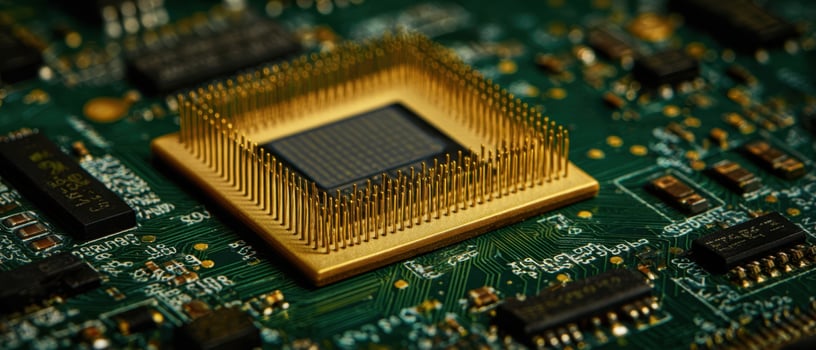 The intricate design of a microchip on a circuit board. photo