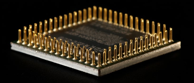 The detailed microchip with gold pins showcasing advanced technology and design. photo