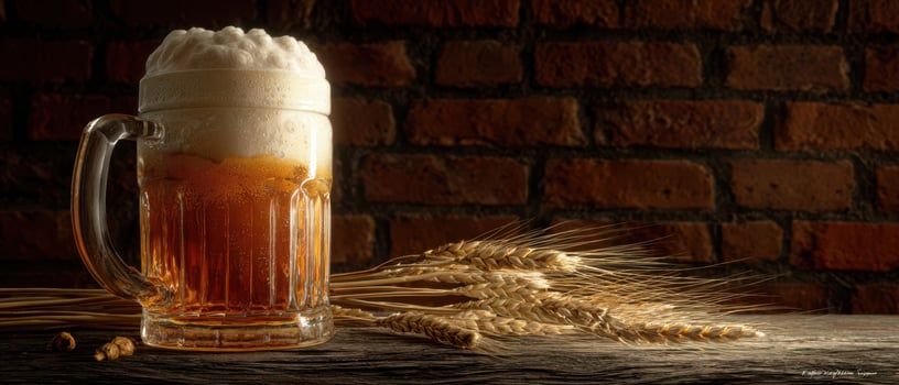 The frothy beer mug surrounded by golden wheat on a rustic table. photo