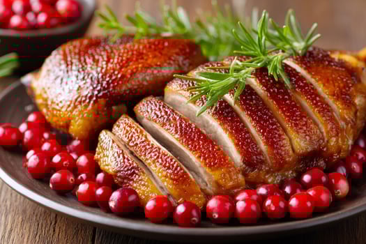 Roasted duck breast with cranberry sauce and rosemary celebrating christmas dinner photo