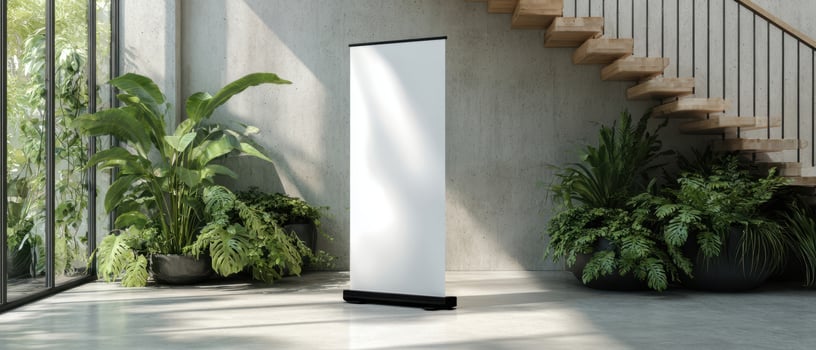 The modern banner stand positioned in a stylish indoor environment. photo