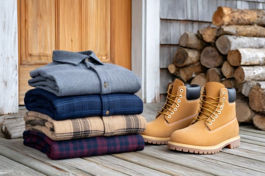 Folded winter shirts and boots on wooden porch with firewood photo