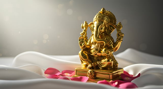 Lord Ganesha Idol with Rose Petals on White Satin Fabric photo