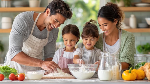 family cooking together in modern kitchen with children photo