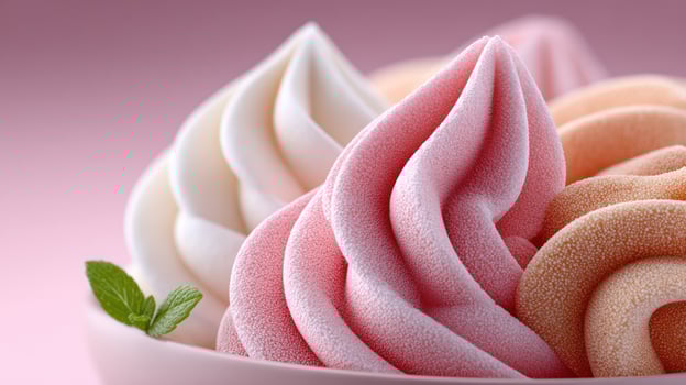 Colorful soft serve ice cream swirls with mint garnish dessert photo