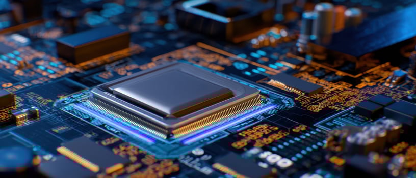 The intricate microchip seated on a modern motherboard with vibrant circuit patterns. photo