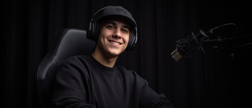 The young podcaster smiling confidently in a modern audio recording studio. photo