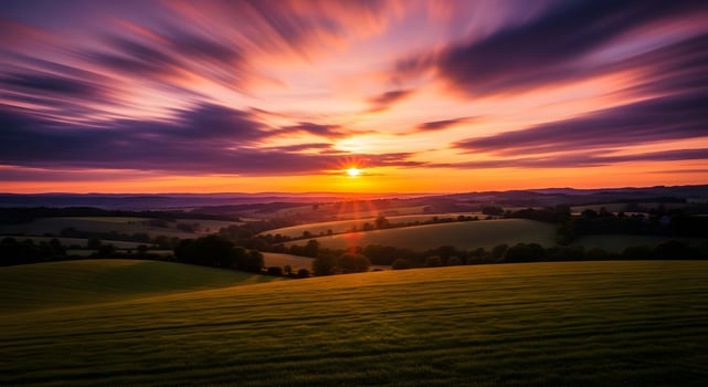 A sunset over a green field with a long exposure photo