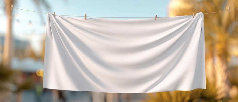 The white fabric banner hanging in a bright outdoor setting. photo