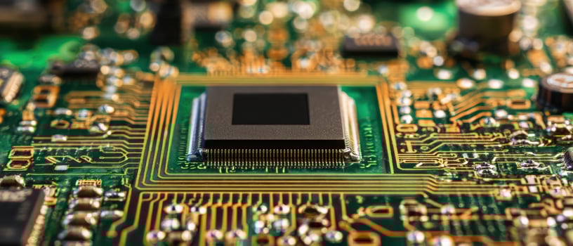 The intricate microchip on a vibrant green circuit board highlighting advanced technology. photo