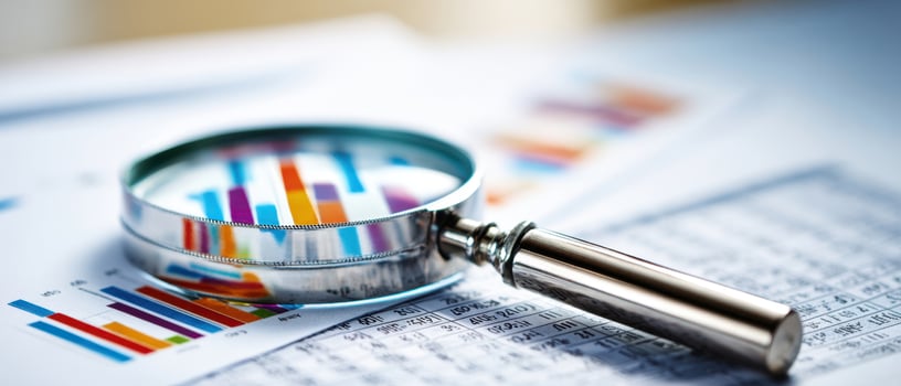 The magnifying glass highlighting colorful bar charts on analytical reports. photo