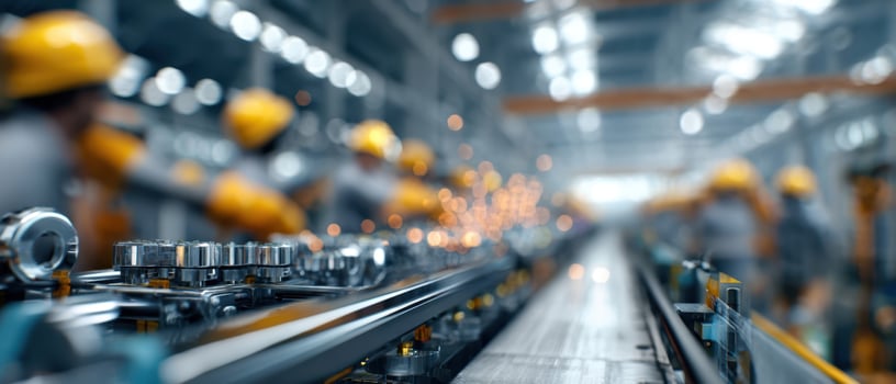 The factory production line with skilled workers and advanced machinery. photo