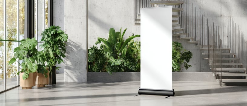 The minimal presentation space with a blank banner and lush green plants. photo