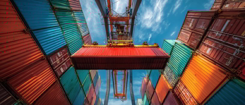 The towering crane amidst colorful shipping containers at a bustling port. photo