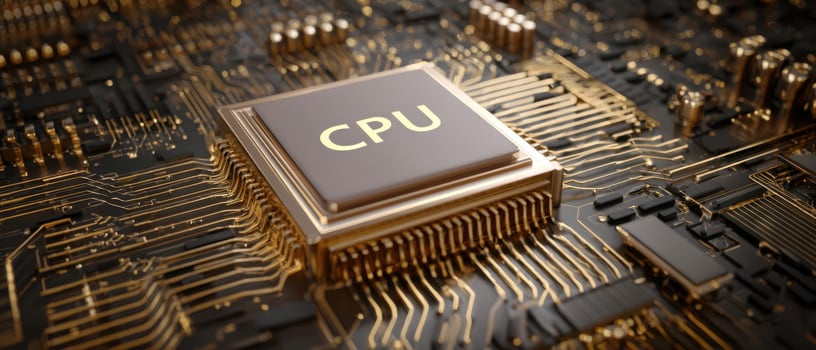 The intricate design of a CPU on a modern microchip circuit board. photo
