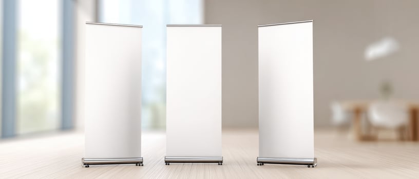 The sleek retractable banners ready for presentations in a modern office space. photo