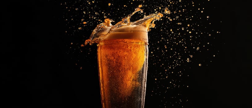 The glass of beer splashes refreshingly against a dark background. photo