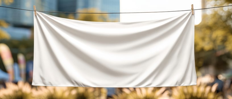 The blank white banner hanging in an outdoor urban setting ready for customization. photo