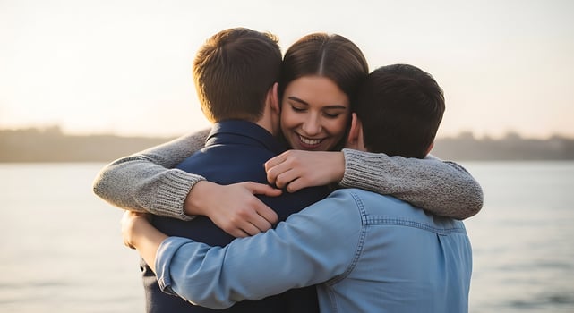 Three people hugging by the water photo