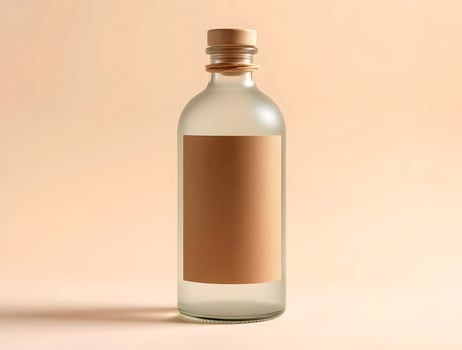 A bottle of water with a brown label on it photo