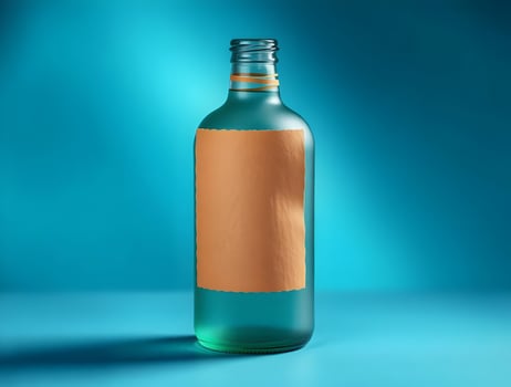 A bottle with a label on it sitting on a blue background photo