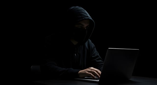 Anonymous figure with laptop in dim lighting, ideal for hacking, data protection, or online crime illustrations in digital media. photo
