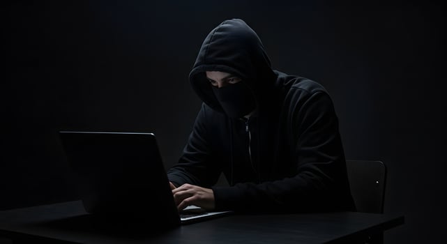 Cybercriminal wearing hoodie, typing on laptop in darkness, great for cybersecurity blogs, warnings, or tech breach presentations. photo