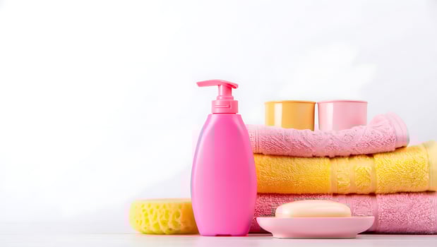 Colorful Bath and Body Collection Pink Soap Bottle Towels and Accessories for Spa or Home use photo