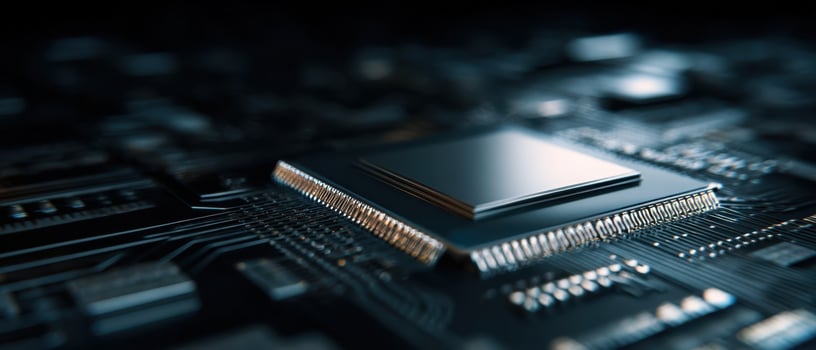 The close-up view of a microprocessor on a modern circuit board. photo