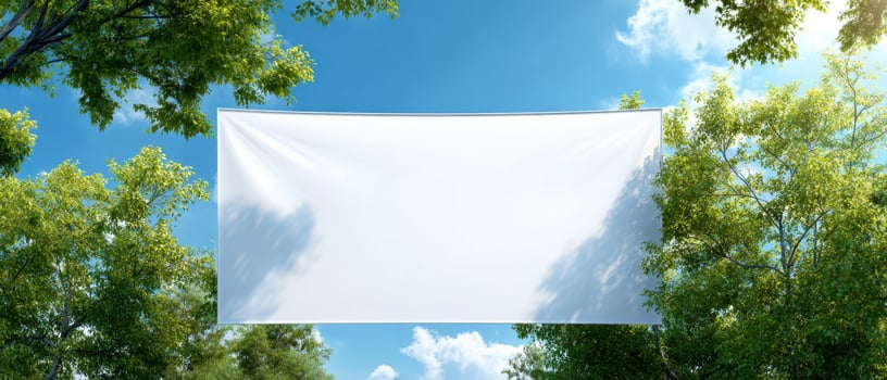 The blank banner framed by vibrant trees under a bright blue sky. photo