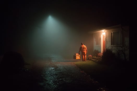 A man stands in front of a house at night photo
