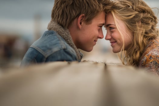 A young man and woman are looking at each other photo