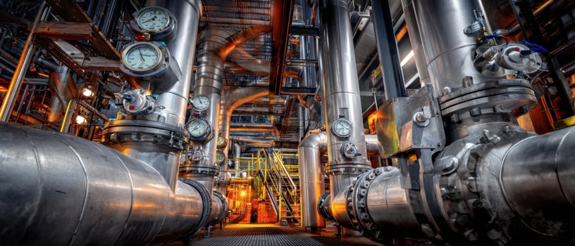 The intricate network of industrial pipes and machinery in a factory environment. photo