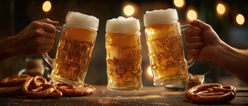 The toasting moment with three frothy beer mugs and pretzels. photo