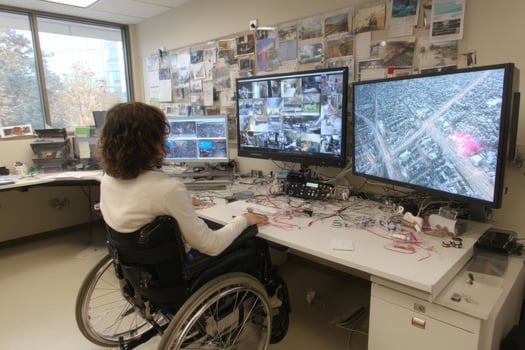A woman in a wheel chair is sitting at a desk with three monitors photo
