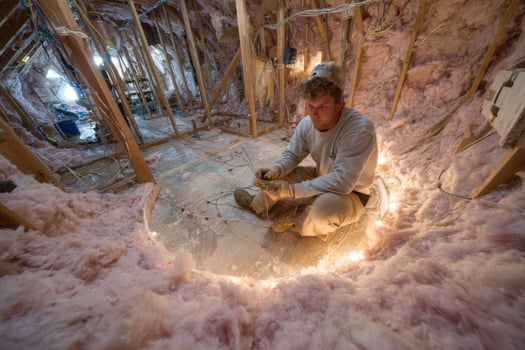 A man is working on a home with pink insulation photo