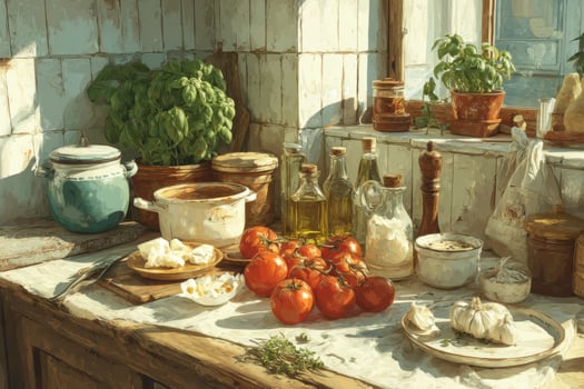 A painting of a kitchen with tomatoes, spices and other items photo