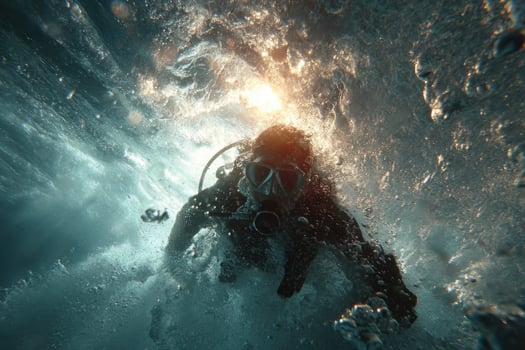 A scuba diver in the water with sunlight coming through photo