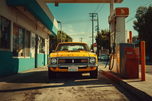 A yellow car parked at a gas station photo