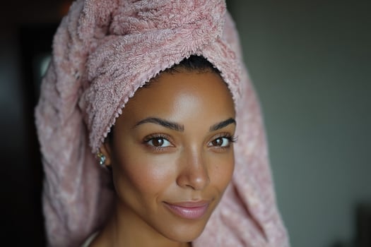 A woman with a pink towel on her head photo