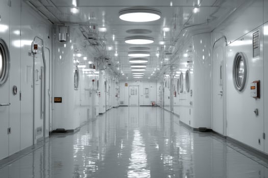 A long hallway with white walls and windows photo