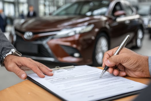 A man signing a contract with a car dealer photo