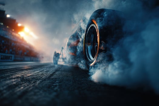 A car is driving through smoke on a track photo